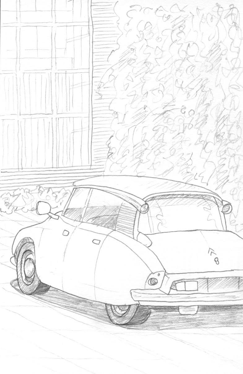 Pencil drawing of Citroen in MoMA sculpture garden